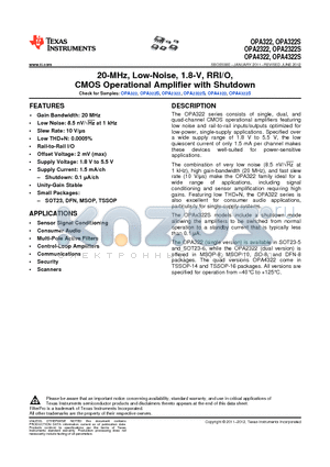 OPA2322AIDRGT datasheet - 20-MHz, Low-Noise, 1.8-V, RRI/O, CMOS Operational Amplifier with Shutdown