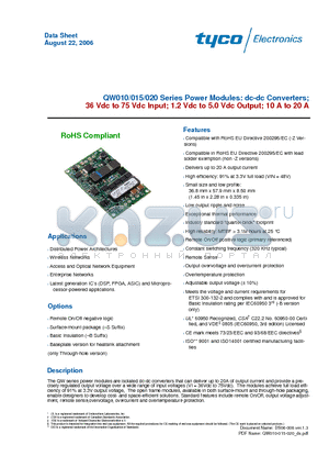 QW015A0F1-SZ datasheet - 36 Vdc to 75 Vdc Input; 1.2 Vdc to 5.0 Vdc Output; 10 A to 20 A