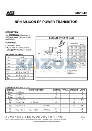 MS1649 datasheet - NPN SILICON RF POWER TRANSISTOR