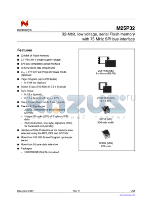 M25P32-VMF6P datasheet - 32-Mbit, low voltage, serial Flash memory with 75 MHz SPI bus interface