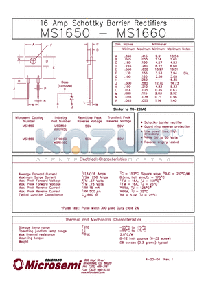 MS1650 datasheet - 16 Amp Schottky Barrier Rectifiers