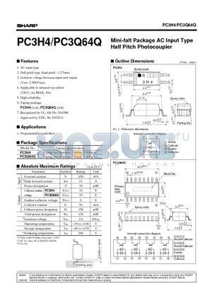 PC3H4 datasheet - Mini-falt Package AC Input Type Half Pitch Photocoupler