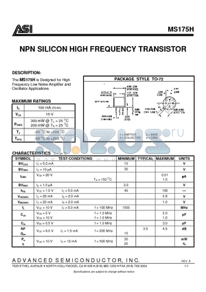 MS175H datasheet - NPN SILICON HIGH FREQUENCY TRANSISTOR