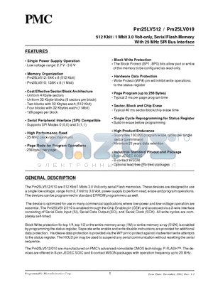 PM25LV010 datasheet - 512 Kbit / 1 Mbit 3.0 Volt-only, Serial Flash Memory With 25 MHz SPI Bus Interface