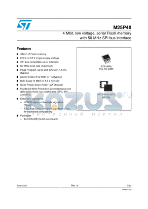 M25P40-VMN3P/X datasheet - 4 Mbit, low voltage, serial Flash memory with 50 MHz SPI bus interface