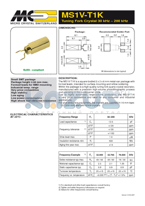 MS1V-T1K datasheet - Tuning Fork Crystal 30 kHz - 200 kHz