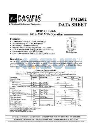 PM2602 datasheet - RFIC RF SWITCH 800 TO 2500 MHZ OPERATION