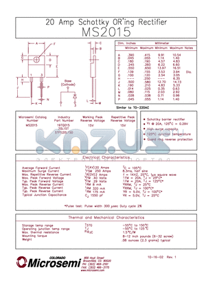 MS2015 datasheet - 20 Amp Schottky ORing Rectifier