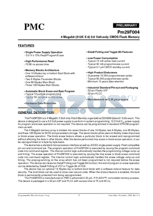 PM29F004T-70JC datasheet - 4 Megabit (512K X 8) 5.0 Volt-Only CMOS Flash Memory