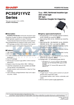 PC3SF21YVZ datasheet - VDRM : 600V, Reinforced insulation type Zero cross type DIP 6pin Phototriac Coupler for triggering