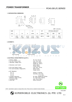 PC40-250 datasheet - POWER TRANSFORMER