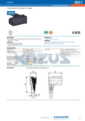 R-0311-D datasheet - Power Cord with IEC Connector C13, Angled