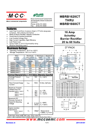 MBRB1630CT datasheet - 16 Amp Schottky Barrier Rectifier 20 to 60 Volts