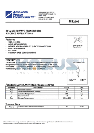 MS2206 datasheet - RF & MICROWAVE TRANSISTORS AVIONICS APPLICATIONS
