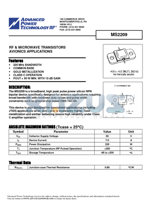 MS2209 datasheet - RF & MICROWAVE TRANSISTORS AVIONICS APPLICATIONS