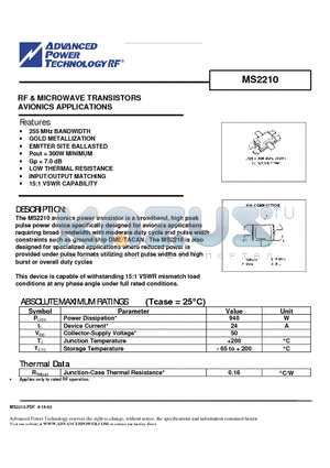 MS2210 datasheet - RF AND MICROWAVE TRANSISTORS AVIONICS APPLICATIONS