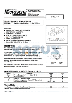 MS2213 datasheet - RF & MICROWAVE TRANSISTORS SPECIALITY AVIONICS/JTIDS APPLICATIONS