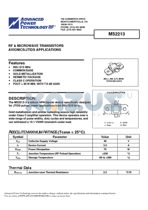 MS2213 datasheet - RF & MICROWAVE TRANSISTORS AVIONICS/JTIDS APPLICATIONS