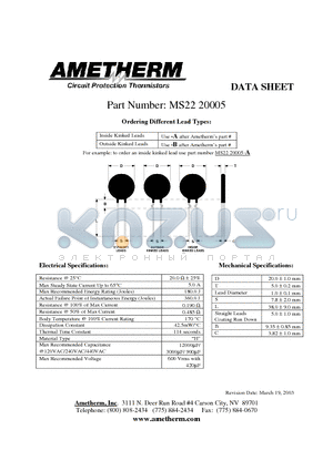 MS2220005-B datasheet - Circuit Protection Thermistors