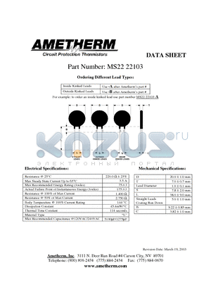 MS2222103-A datasheet - Circuit Protection Thermistors