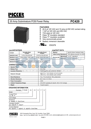 PC4201A-12SF datasheet - 20 Amp Subminature PCB Power Relay