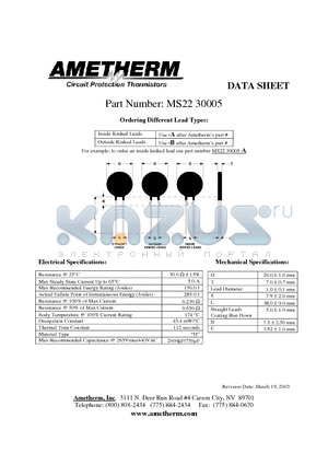 MS2230005-A datasheet - Circuit Protection Thermistors