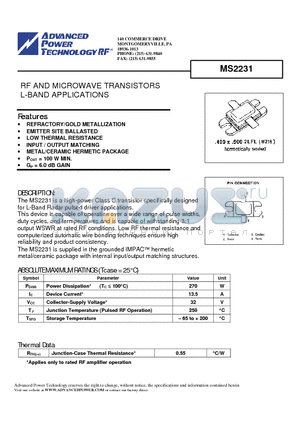 MS2231 datasheet - RF AND MICROWAVE TRANSISTORS L-BAND APPLICATIONS