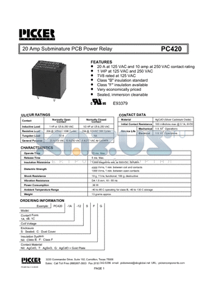 PC4201C-12C datasheet - 20 Amp Subminature PCB Power Relay