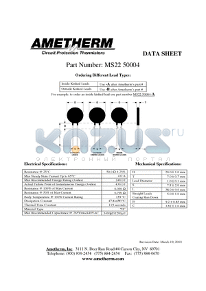 MS2250004-B datasheet - Circuit Protection Thermistors