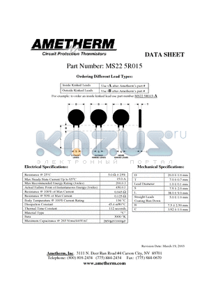 MS225R015 datasheet - Circuit Protection Thermistors