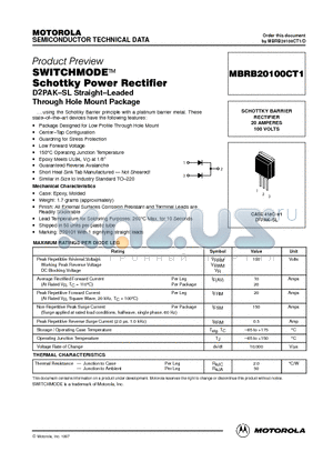 MBRB20100CT1 datasheet - SWITCHMODE Schottky Power Rectifier D2PAK-SL Straight-Leaded Through Hole Mount Package