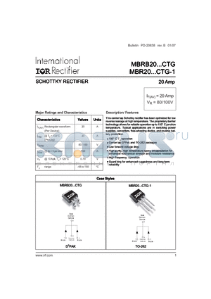 MBRB20100CTG-1TRR-PBF datasheet - SCHOTTKY RECTIFIER 20 Amp