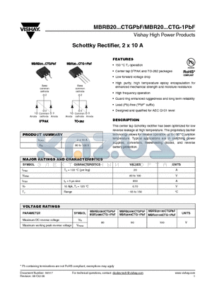 MBRB20100CTGTLPBF datasheet - Schottky Rectifier, 2 x 10 A