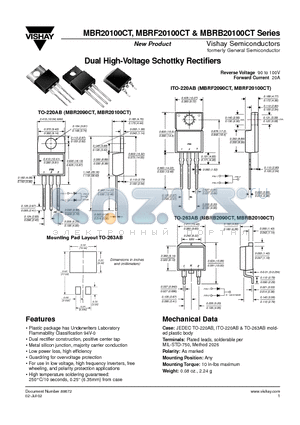 MBRB20100CTPBF datasheet - Dual High-Voltage Schottky Rectifiers