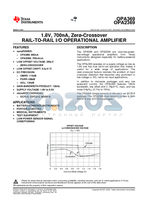 OPA2369AIDCNRG4 datasheet - 1.8V, 700nA, Zer-Crossover RAIL-TO-RAIL I/O OPERATIONAL AMPLIFIER