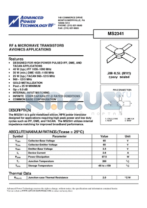 MS2341 datasheet - RF & MICROWAVE TRANSISTORS AVIONICS APPLICATIONS