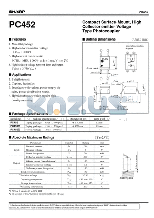 PC452 datasheet - Compact Surface Mount, High Collector emitter Voltage Type Photocoupler