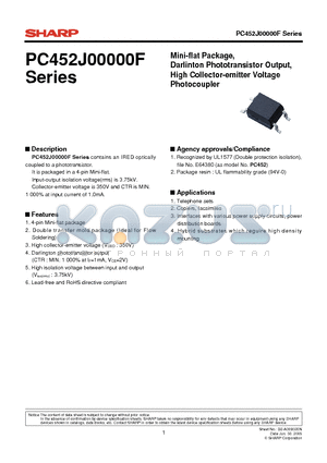 PC452J00000F datasheet - Mini-flat Package, Darlinton Phototransistor Output, High Collector-emitter Voltage Photocoupler