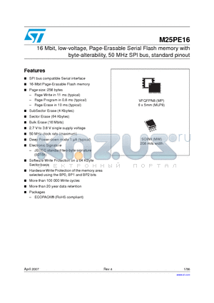 M25PE16-VMP6TG datasheet - 16 Mbit, low-voltage, Page-Erasable Serial Flash memory with byte-alterability, 50 MHz SPI bus, standard pinout