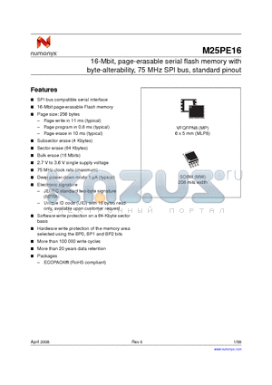 M25PE16-VMP6TP datasheet - 16-Mbit, page-erasable serial flash memory with byte-alterability, 75 MHz SPI bus, standard pinout