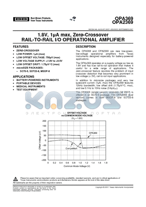 OPA2369AIDGKT datasheet - 1.8V, 1lA max, Zer-Crossover RAIL-TO-RAIL I/O OPERATIONAL AMPLIFIER