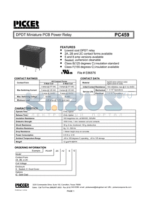 PC4592C-12CG datasheet - DPDT Miniature PCB Power Relay