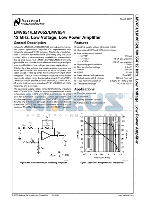 LMV651 datasheet - 12 MHz, Low Voltage, Low Power Amplifier