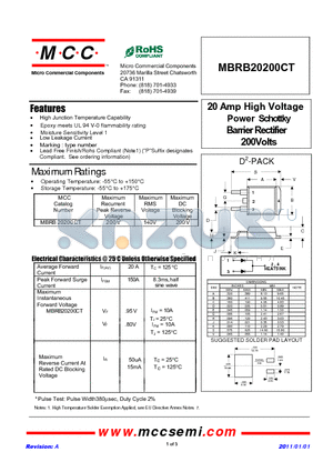 MBRB20200CT_11 datasheet - 20 Amp High Voltage Power Schottky Barrier Rectifier 200Volts