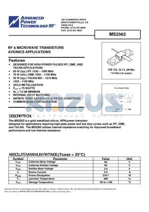 MS2362 datasheet - RF & MICROWAVE TRANSISTORS AVIONICS APPLICATIONS