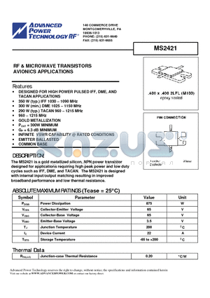 MS2421 datasheet - RF & MICROWAVE TRANSISTORS AVIONICS APPLICATIONS