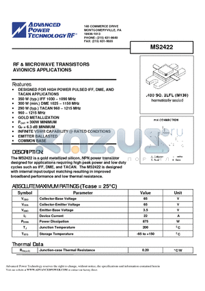MS2422 datasheet - RF & MICROWAVE TRANSISTORS AVIONICS APPLICATIONS