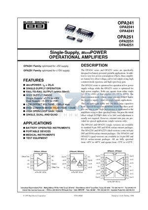 OPA241 datasheet - Single-Supply, MicroPOWER OPERATIONAL AMPLIFIERS