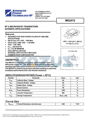 MS2472 datasheet - RF & MICROWAVE TRANSISTORS AVIONICS APPLICATIONS
