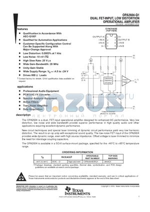 OPA2604-Q1 datasheet - DUAL FET-INPUT, LOW DISTORTION OPERATIONAL AMPLIFIER